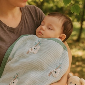 Embroidered Punch with Koala Muslin Blanket, Soft Organic %100 Pure Cotton 4 Layer Gauze Blanket, Muslin Baby Blanket, OEKO-TEX Certified