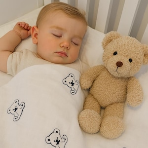 Embroidered Punch with Bear Muslin Blanket, Soft Organic %100 Pure Cotton 4 Layer Gauze Blanket, Muslin Baby Blanket, OEKO-TEX Certified