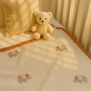 Embroidered Punch with Elephant Muslin Blanket, Soft Organic %100 Pure Cotton 4 Layer Gauze Blanket, Muslin Baby Blanket, OEKO-TEX Certified