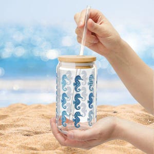 Iced Coffee Cup, Nautical Seahorse 16ozGlass, Reusable Drinkware, Summer Beach Vibes, Eco-Friendly Glass, Perfect for Parties, Coastal Decor
