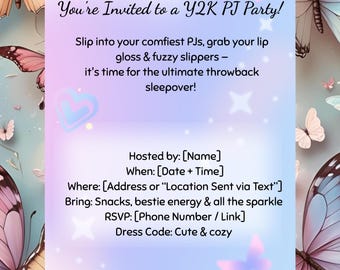 Y2K Pajama Party Invitation | Editable Canva Template | Sleepover Birthday Invite | Retro Digital Download | Instant Girls Night Invite