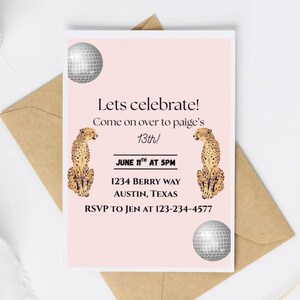 Modèle d'invitation de fête d'anniversaire numérique modifiable, guépard, preppy, glamour