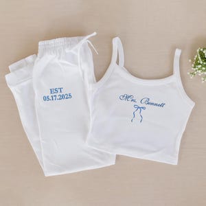 Custom Embroidered Mrs. Pajama Set – Tank & Joggers for Bride, Bride Pajamas, Mrs. Set, Bride Honeymoon Tank, Wedding Getting Ready Outfit