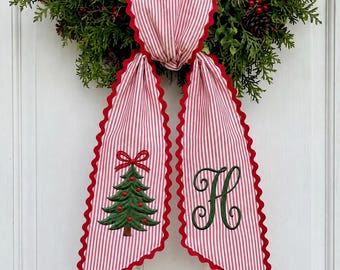 Personalized Christmas Tree Wreath Sash, Pink Stripe Monogram Door Bow, Embroidered Holiday Front Door Decor