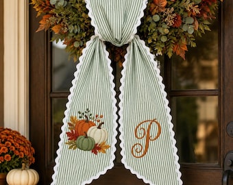 Personalized Pumpkin Wreath Sash, Custom Fall Door Bow, Embroidered Autumn Pumpkin Monogram, Green Stripe Farmhouse Wreath Decor