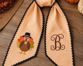 Personalized Thanksgiving Wreath Sash, Embroidered Turkey Monogram Door Bow, Orange Stripe Fall Front Door Decor