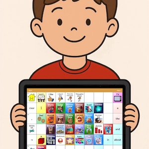 Może przedstawiać: Dziecko trzyma czarny tablet z siatką ikon i tekstu. Tablet zawiera obrazy i słowa do komunikacji, z odniesieniami do kultury popularnej, takich jak postacie z Mario.