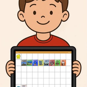 May include: A cartoon illustration of a child holding a tablet. The tablet displays a grid of colorful icons, including images of theme park attractions. The child is wearing a red shirt.