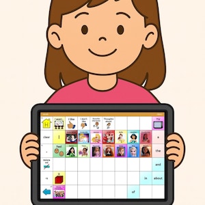 Può includere: Illustrazione di un cartone animato di un bambino che tiene in mano un tablet con una lavagna di comunicazione. La lavagna presenta parole e immagini, inclusi i personaggi Disney, e frasi come "Voglio", "Mi piace" e "Pensieri su". Il bambino indossa una maglietta rosa.