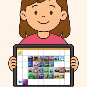 Puede incluir: Ilustración de dibujos animados de una persona sosteniendo una tableta negra que muestra una cuadrícula de imágenes y texto coloridos, incluyendo "Epcot", "Hollywood Studios" y "Animal Kingdom". La tableta tiene un icono de inicio y un botón de menú.