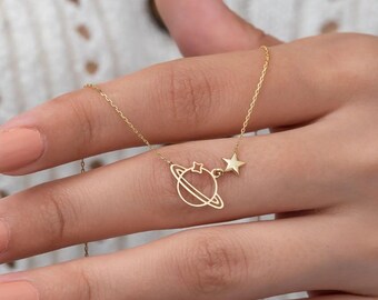 Gold Tone Sterling Silver Saturn Necklace: Minimalist Celestial Jewelry