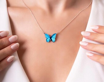 Blue Butterfly Necklace: Sterling Silver Charm, Adjustable Chain
