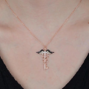 Caduceus Necklace for Women – Rose Gold Medical Symbol Pendant with Crystals – Doctor Nurse Graduation Gift Idea