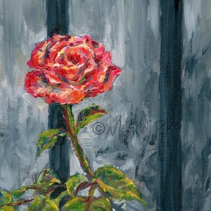 Red Rose Outside the Lines - Original Painting or Print - Realistic Red Rose through Black Railing with Grey Leaves