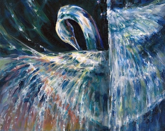 Swan of Unknown Waters - Original Acrylic Painting or Print of Bird Flying over Ocean as a Waterfall with Night Sky - Artist Melani Pyke