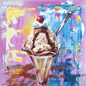 And a Cherry on Top - ice cream painting on 16x20 canvas, abstract original food art in bright summer colours