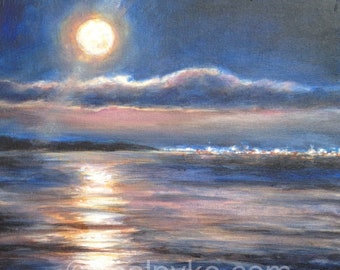 Lever de lune sur la peinture originale du paysage nocturne de la ville et du lac