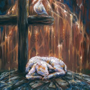 Lamb Sleeping with Cross and Dove - Art Print or Original Oil Painting - Spiritual Christian Inspirational