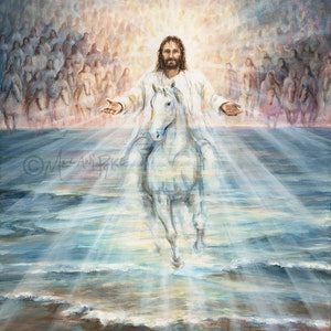 I Am Returns - Jesus Christ Returning on a White Horse Original Art or Reproduction; Beach Ocean Waves and Sunset with Abstract Figures