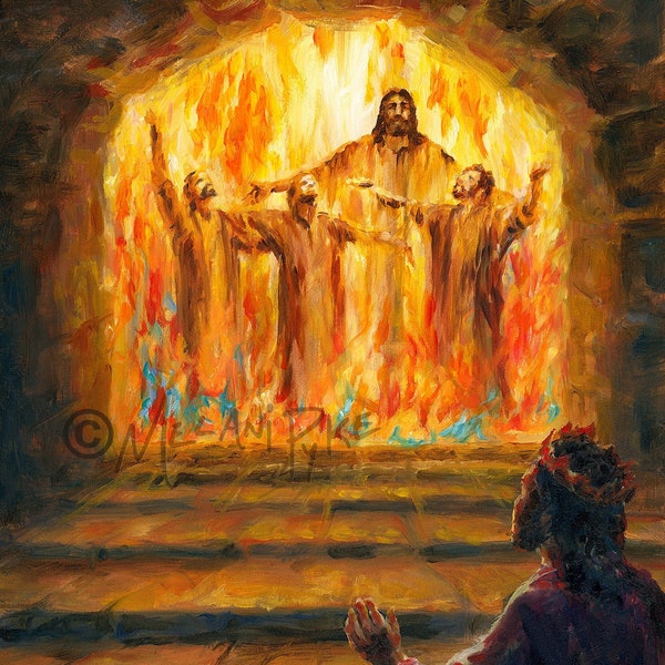 Shadrach, Meshach and Abednego in the Fiery Furnace Daniel 3 Painting or Print Modern Bible Religious Spiritual Faith Art