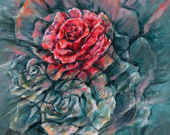 Rose Formation - Oil Painting or Print, Fine Art Modern Wall Decor with Red Pink Flowers and Rocks