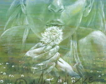 Blowing Dandelion Seeds Oil Painting or Print, Green Field Girl Hopes and Dreams Portrait Art