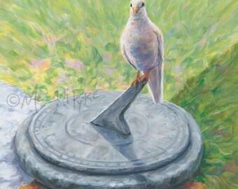 Time Under Heaven, Original Oil Painting or Print of White Dove on Sundial by Artist Melani Pyke
