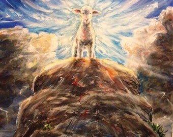 The Lamb and the Rock original painting or print of white sheep with abstract stormy sky and mountain background