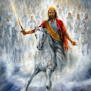 Jesus Coming Back on a White Horse Giclee Print, Christian Art, Revelation, Christ with Army on Heavenly Clouds