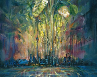 Growing City - Original Oil Painting or Print - Surrealist Painting of Toronto Skyline as Green Plant; Wall Art Vertical Artist Melani Pyke