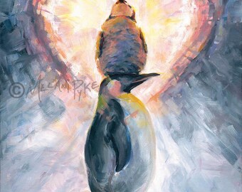 Penguins with Heart - Original Oil Painting or Print, Wall Decor Vertical - Bird Family Inspirational Art by Melani Pyke