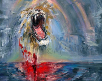 Lion Roaring Abstract Original Oil Painting or Print; Spiritual Art by International Artist Melani Pyke