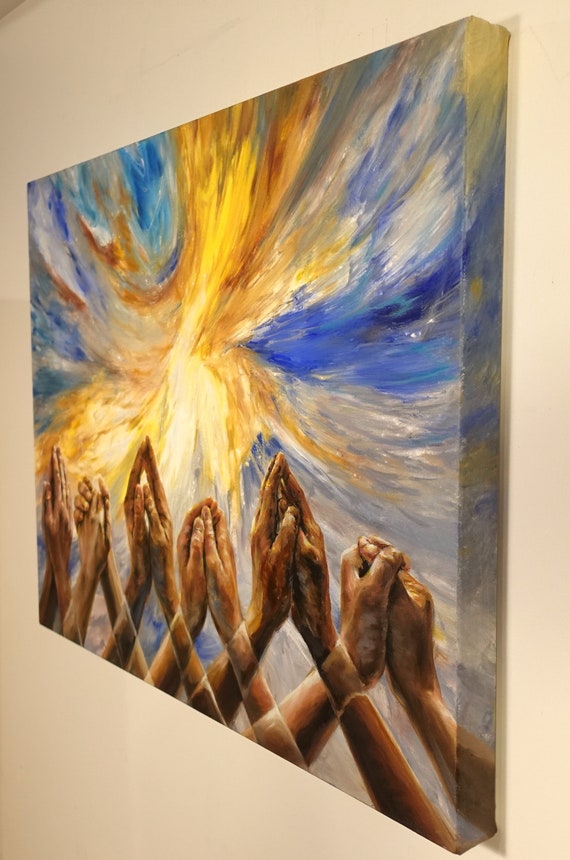 一緒に祈る - オリジナル絵画または版画 - 青と黄色のシュル