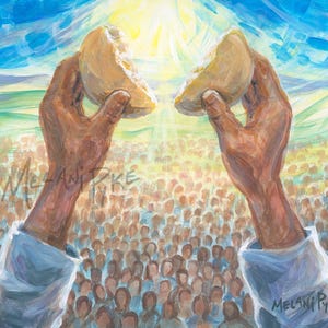 May include: An artistic painting depicts two hands holding pieces of bread, with a crowd of people in the background. The artwork is painted in warm tones, with a bright light shining from above. The artist's signature is visible.