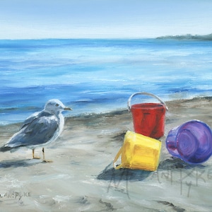 Seagull with Buckets on the Beach Original Oil Painting or Giclee Print on Paper or Canvas Summer Cottage Art with Sand Pails, Blue Water