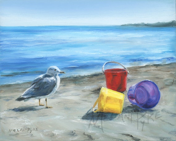 Seagull With Buckets on the Beach Original Oil Painting or Giclee
