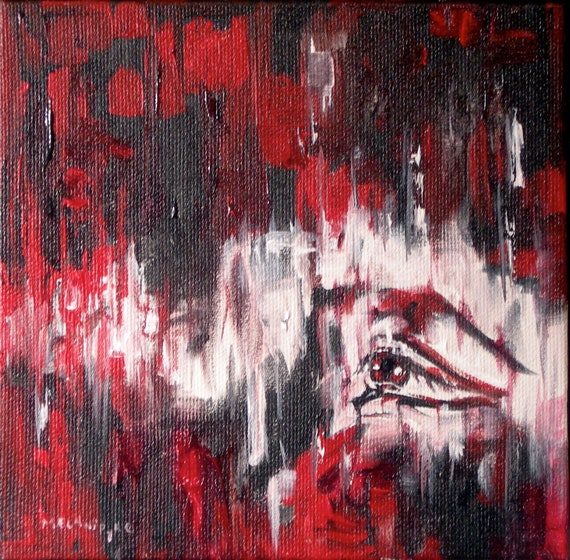 目のある赤と黒の抽象画のミニチュア絵画、インスピレーションを与える