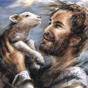 Jesus Lifting Lost Lamb Gemälde oder Druck, inspirierendes christliches Kunstporträt von Christus und Schafen