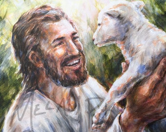 Jesus the Good Shepherd Lifting Up Lost Lamb Print on Fine Art Paper or Stretched Canvas, Christian Art, Portrait of Christ