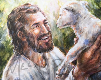 Jesus the Good Shepherd Lifting Up Lost Lamb Print on Fine Art Paper or Stretched Canvas, Christian Art, Portrait of Christ