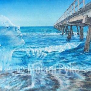 Believe and Not Doubt original oil painting or print seascape with pier, girl praying, faith art, religious, ocean waves blue sky and beach