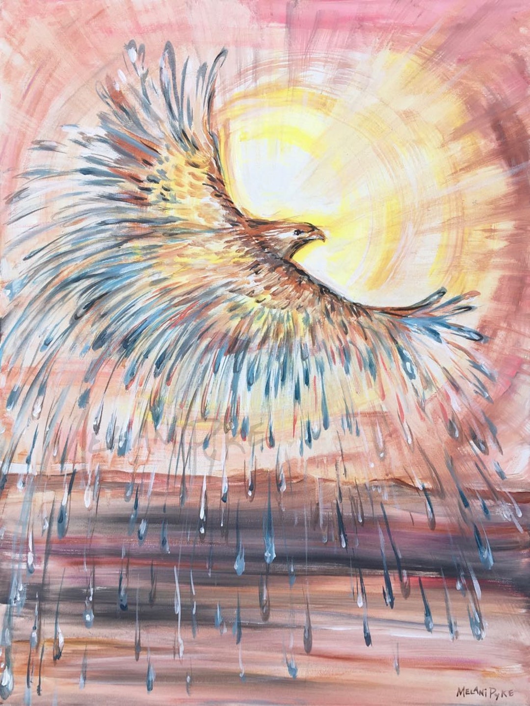 タカの絵画、砂漠に昇るフェニックス、太陽と雨、インスピレーションを