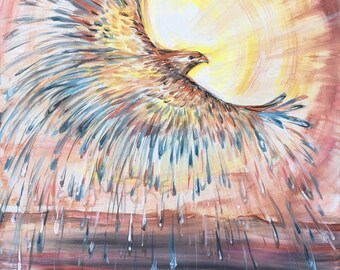 鷲のように立ち上がれオリジナル絵画、白頭鷲、オーロラと松林、青緑の