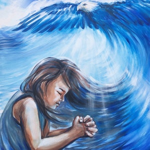 Prayer like an Ocean Wave with the Spirit as an Eagle Original Acrylic Painting on 16x20 Canvas in Blue