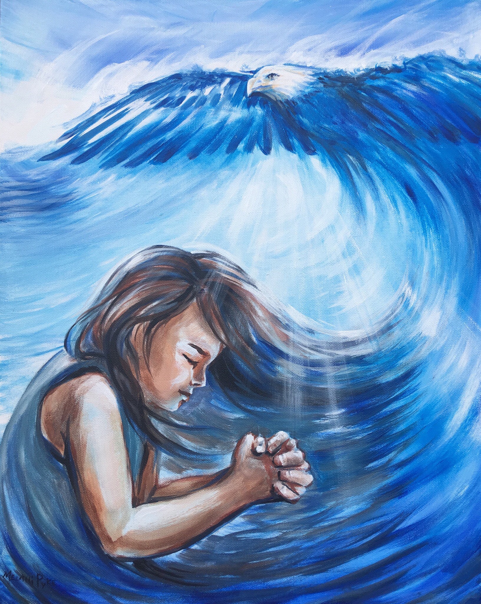 海の波のような祈りと鷲のような精神 16x20 キャンバスに描かれた青い