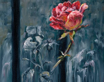 New Rose - Original Painting or Print - Realistic Red Rose through Black Railing with Grey Leaves