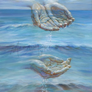 Open Water Hands Ocean Kunstdruck von blauen Wellen und teilendem Wasser, positive inspirierende Kunst, realistisch, Drucke auf Papier oder Leinwand