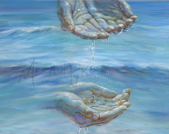 Open Water Hands Ocean Art Print of Blue Waves and Sharing Water, Positive Inspirational Art, Realistic, Prints on Paper or Canvas