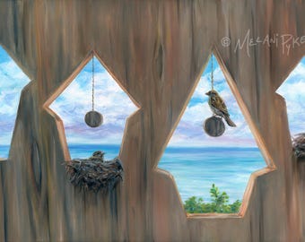 House Sparrows Birdhouses - Original Oil Painting or Print, Birds Nesting in Faux Wood Cut, Realistic Modern Art Wall Decor Horizontal