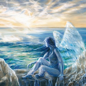Water Wings - Painting or Print of Blue Girl on Rocky Beach with Wings - Spiritual Art, Nature, Ocean